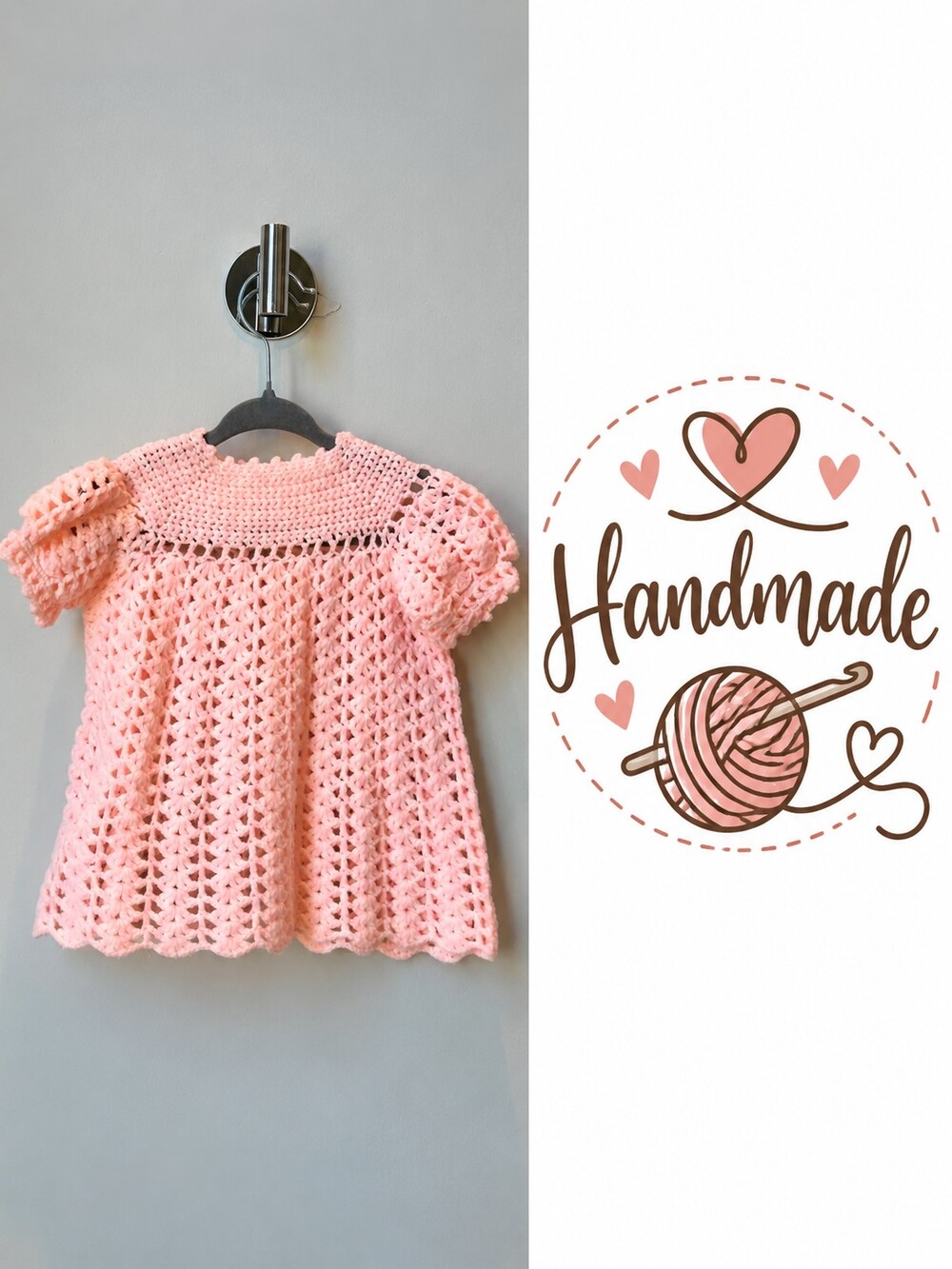 Handmade Crochet Baby Sweater Top Pink Scalloped Short Sleeve Infant